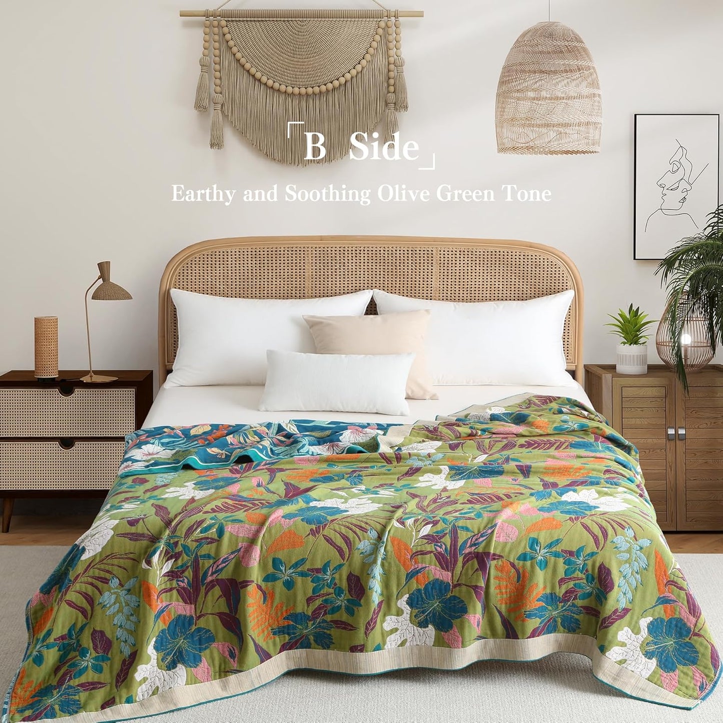 Boho Throw Blanket Full Size, Extra Large Soft Cozy Cotton Muslin Quilt Blanket for Bed Decor, Floral Patterned Couch Sofa Chair Cover, Vintage Farmhouse Cottage Woven Blanket, Teal&Green