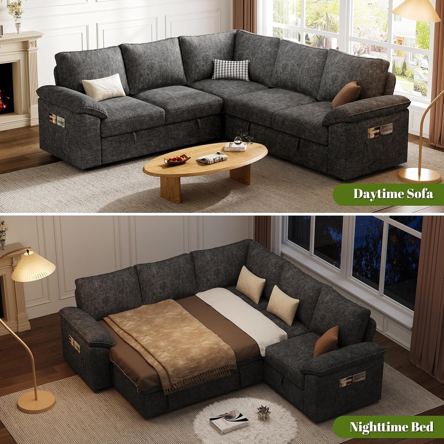 85 Inch Modular Sectional Sofa with Pull Out Bed,L Shaped 5 Seat Sectional Sleeper Sofa with Storage,Sectional Couches for Living Room,Cloud Modular Couch,Removable Sofa Cover,Dark Grey