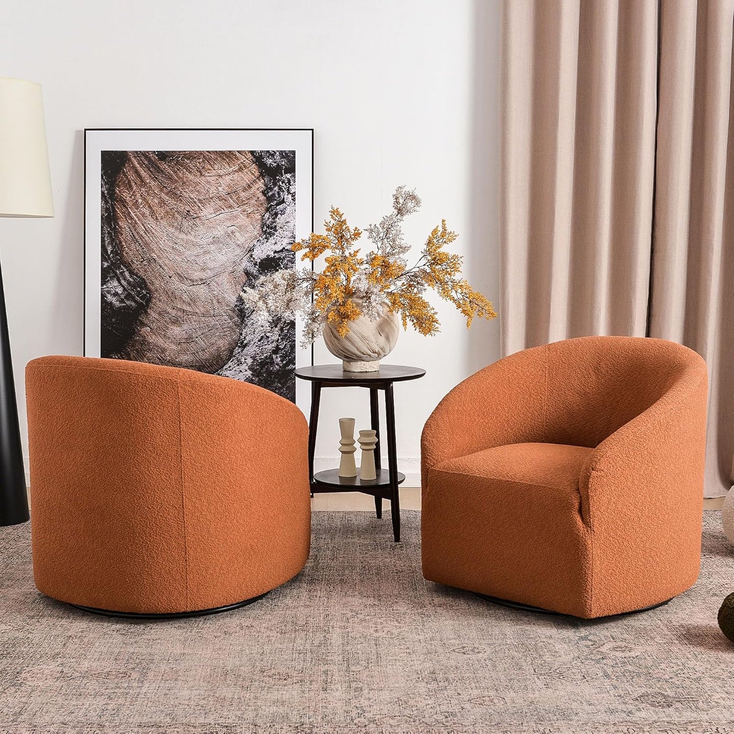 KINWELL 32" Wide Swivel Barrel Chairs Set of 2, Boucle Upholstered Swivel Accent Chairs, Mid-Century 360 Degree Swivel Chairs, No Assembly Round Armchairs for Living Room, Bedroom (Caramel)