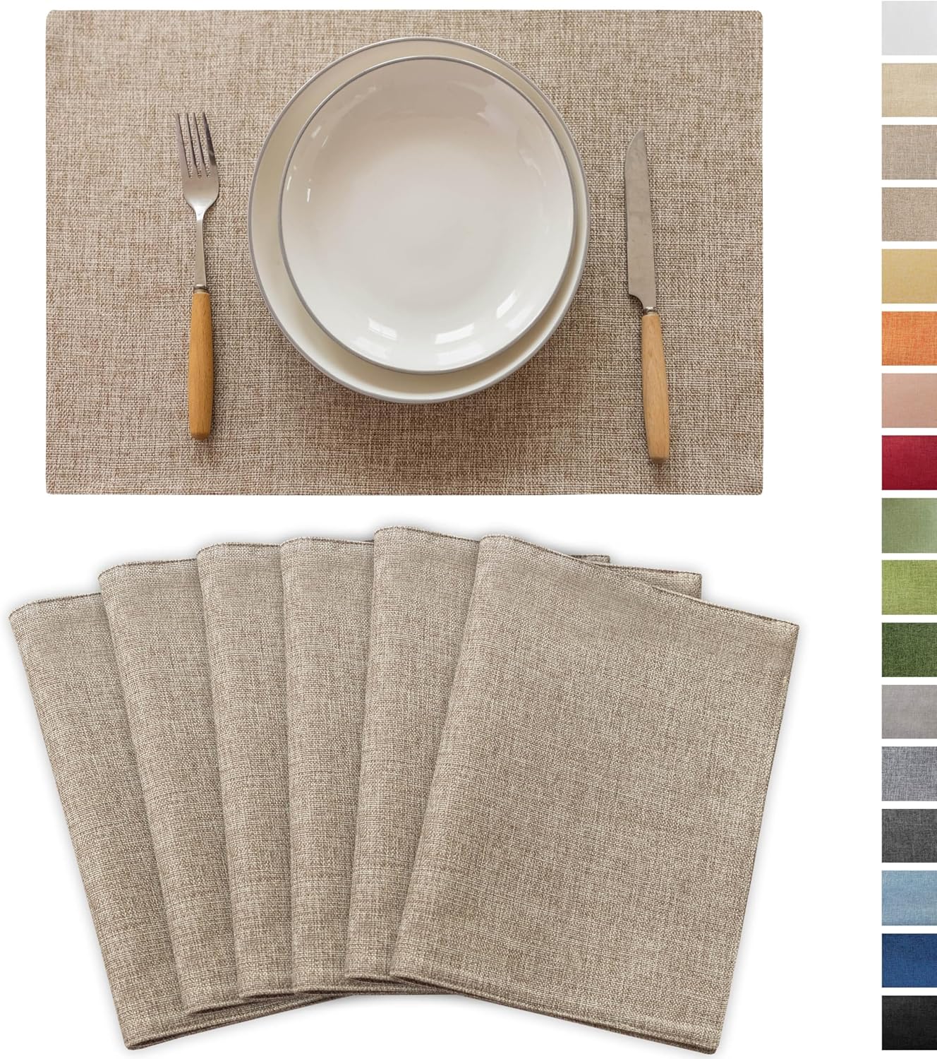 Demetex Linen Placemats Set of 6 Heat Resistant Wipeable Cloth Table Place Mats for Dining Table Indoor Restaurants, 13 x 19 inches, Linen