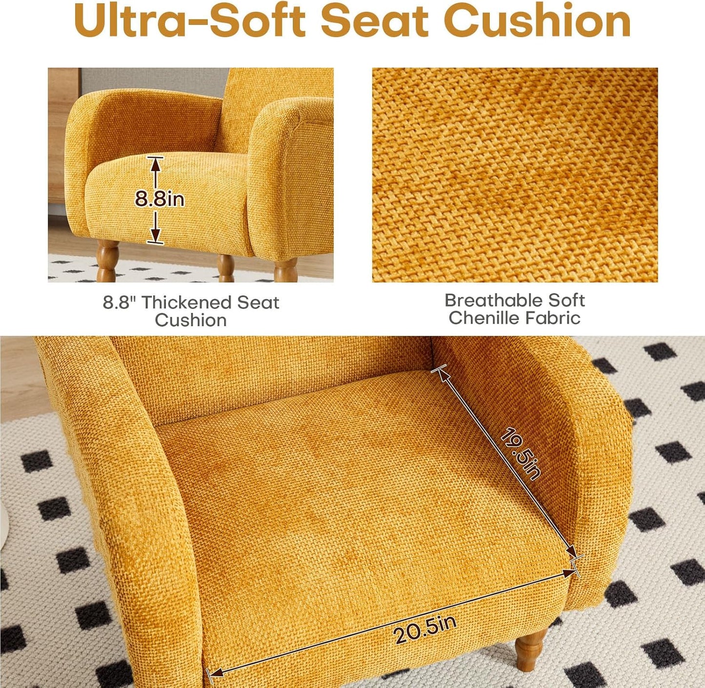 Chenille Fabric Accent Chair, Upholstered Armchair with Solid Wood Legs, Modern Living Room Accent Chair, Comfy Single Sofa Chair Reading Club Chair for Bedroom Reception Lounge, Yellow