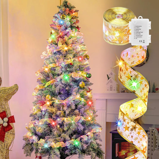 Christmas Tree Ribbon String Lights - 33ft 100 LED Battery Powered Fairy Lights with Timer and 8 Lighting Mode, Ribbon Bows Lights for 6ft - 8ft Christmas Tree New Year Decor, Gold Ribbon, Multi-color
