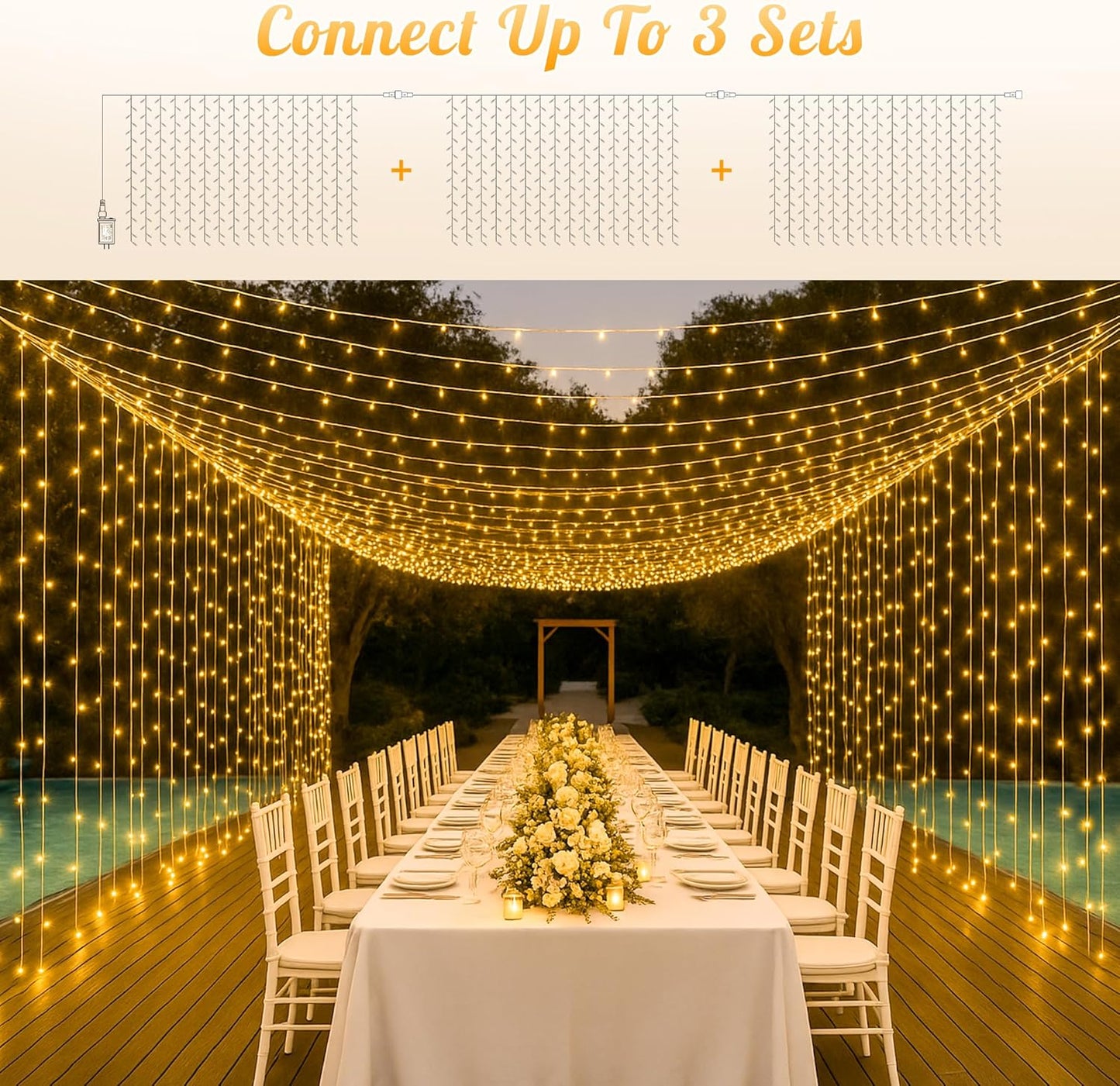 HEYFUNi 304 LED Curtain Lights Outdoor, 9.8Ft*9.8Ft Hanging String Lights Plug in with 8 Modes, Connectable Curtain Fairy Lights for Bedroom, Dorm, Christmas, Wall, Backdrop, Wedding Decor, Warm White