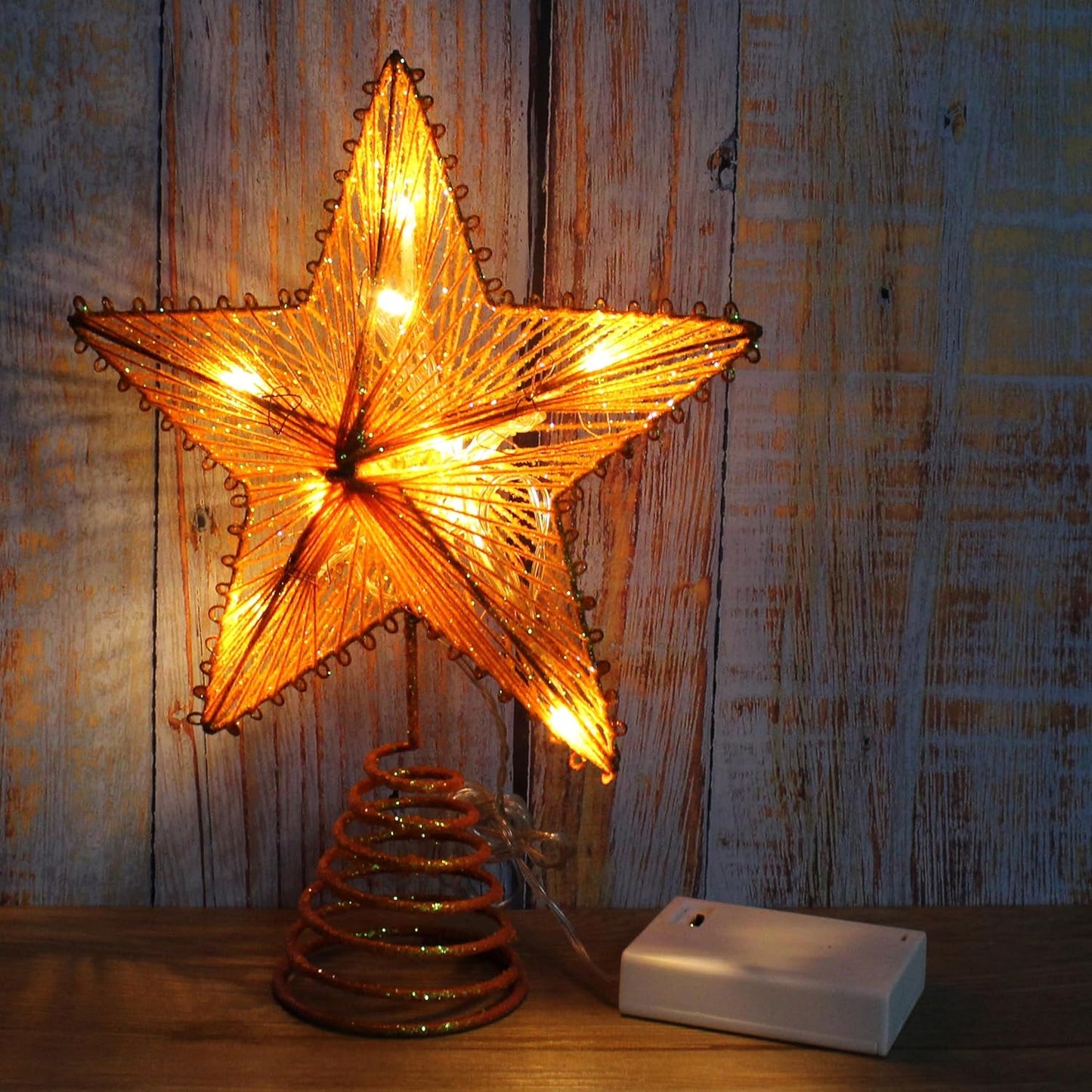 CVHOMEDECO. Champagne Glittered 3D Tree Top Star with Warm White LED Lights and Timer for Christmas Tree Topper Decoration and Holiday Seasonal Décor, 8 x 10 Inch