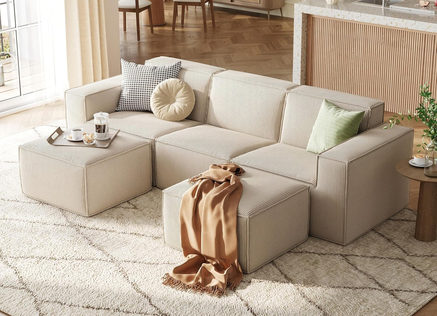 LINSY HOME Oversized Modular Sectional Sofa, 105" Cloud Couch L Shaped 3-Seat Sofa with 2 Movable Ottomans, Corduroy Sectional Couches for Living Room, No Assembly Required, Beige