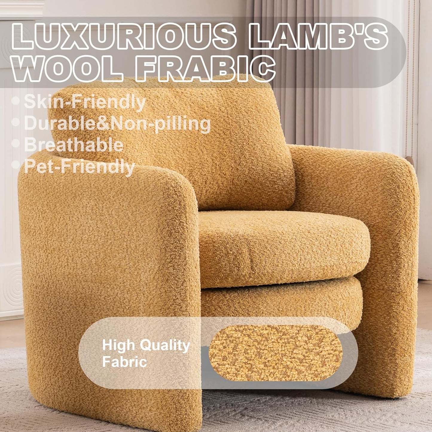 Chenille Accent Armchair Oversize Upholstered Barrel Comfy Modern Round Lounge Sofa Chair with Pillow Cozy Reading Chairs for Apartment,Office,Living Room,Dining,Makeup,Club,Yellow