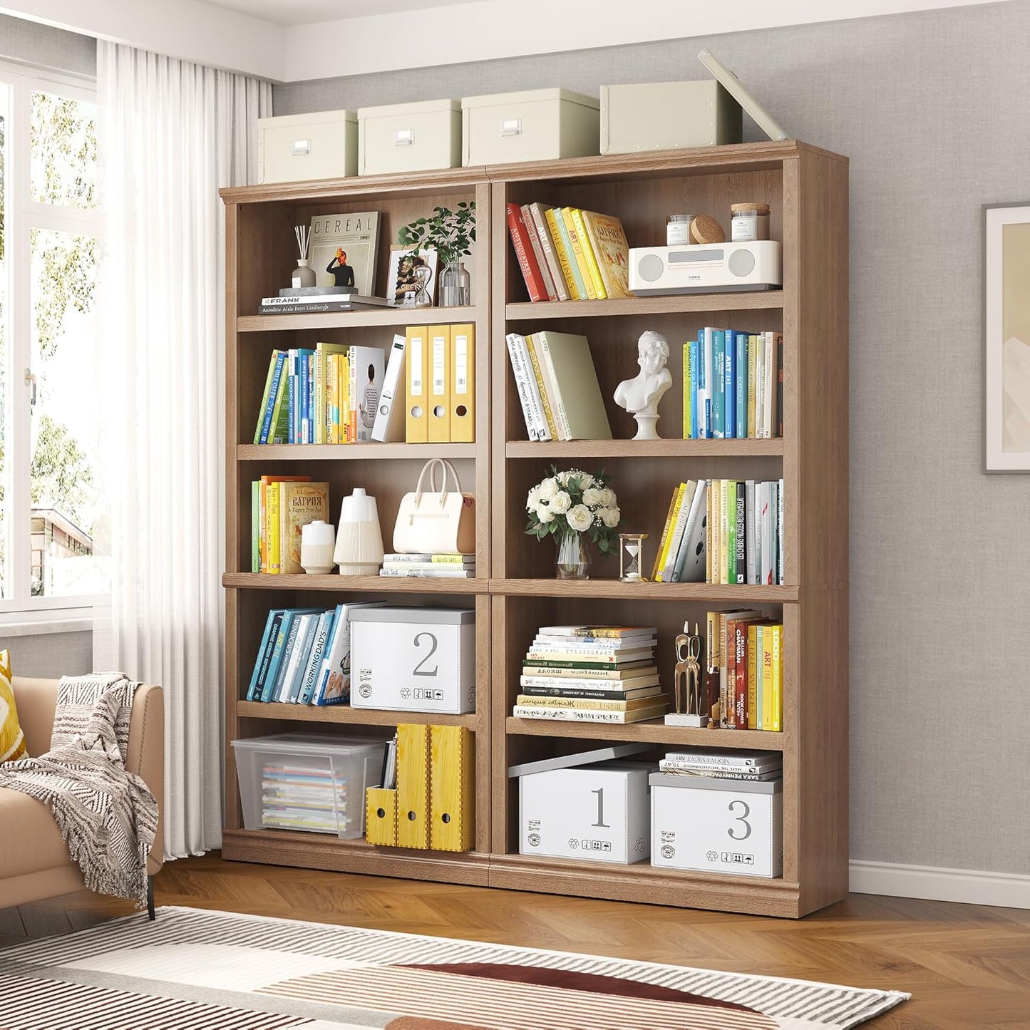 70 in Tall Bookcase, White Bookshelf Open Storage 5-Tier Shelves, 33 inch Wide Floor Standing Indoor Furniture, Book Cases for Home School Library Office Bedroom Kids, Oak 5 Tiers