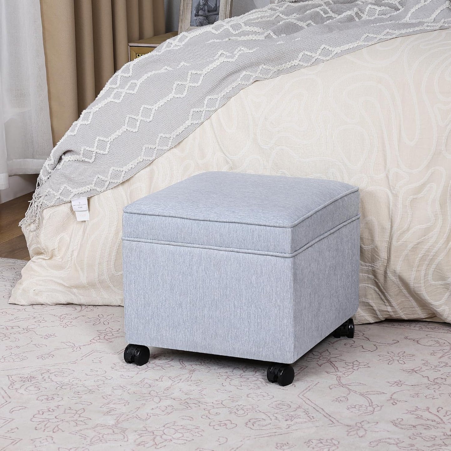 Adeco 17.5" Square Fabric Ottoman with Storage, Upholstered Cotton Linen Foot Rest, Flip Top Footstool, Small Cube Coffee Table Extra Seat for Living Room, Bedroom, Ice Blue with Rolling Legs