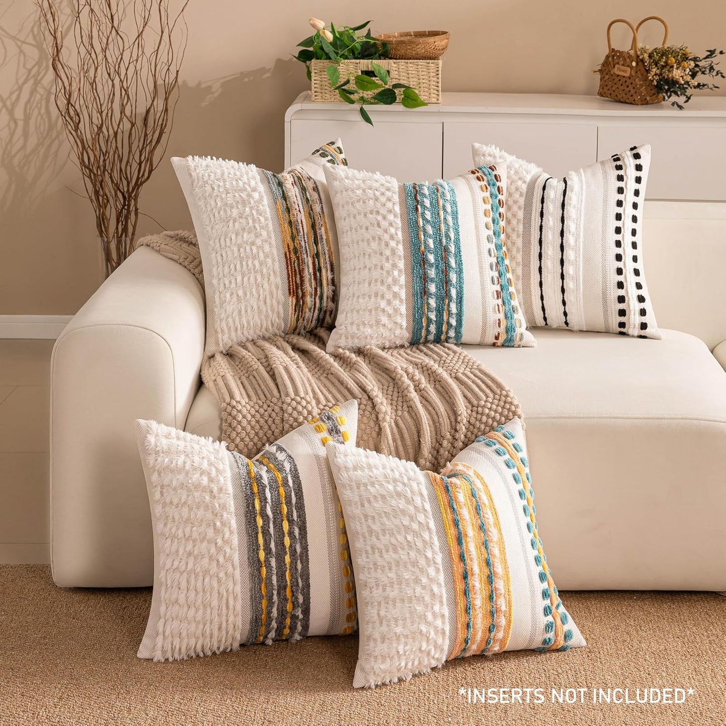 Boho Chenille Tufted Couch Throw Pillow Covers 18x18 Inch Set of 2 Farmhouse Striped Decorative Pillow Covers Accent Neutral Pillowcase Teal Cushion Cover for Living Room Sofa Bed