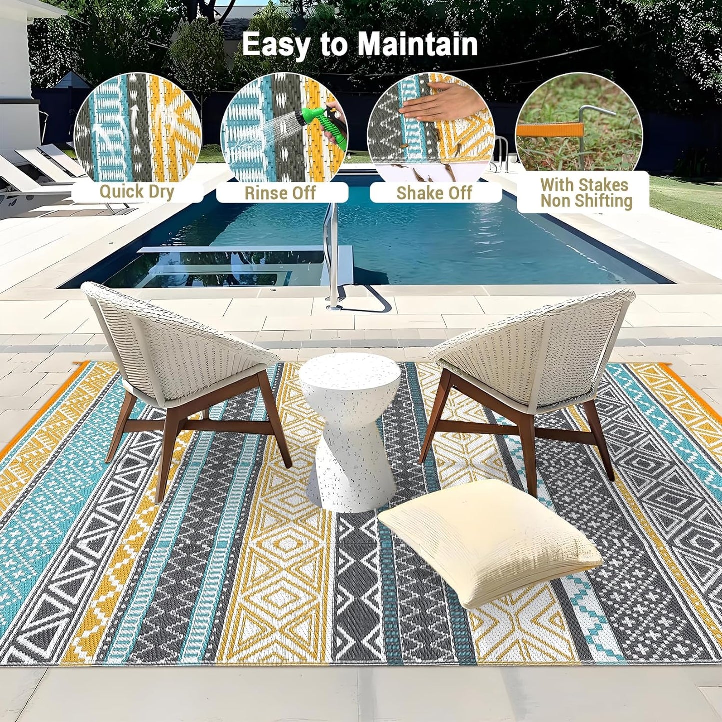 GAOMON Outdoor Rug Waterproof 8'x10', Reversible Outdoor Plastic Straw Rug, Boho Patio Rug, Indoor Outdoor Carpet, RV Mat Outside for Patio, Camp, Picnic, Balcony, Deck, Teal/Yellow(Bohemia)