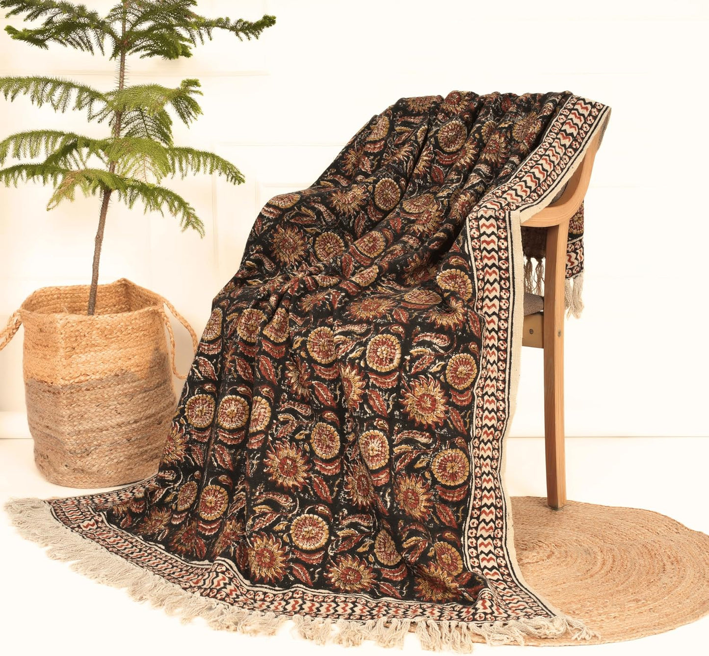 Bohemian Mud Cloth Handmade Throw with Tassels - 120x180 CM Handblock Printed Floral Cotton Blanket, Soft Handloom Sofa Throw for Living Room, Bed, Couch & Home Décor