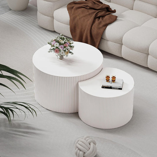 WXFKLDJ Round Nesting Coffee Table Set Cylindrical Wooden Coffee Table Sofa Center Table Circle Embossed Design Side Table for Living Room Apartment No Assembly (C-Shaped Small)
