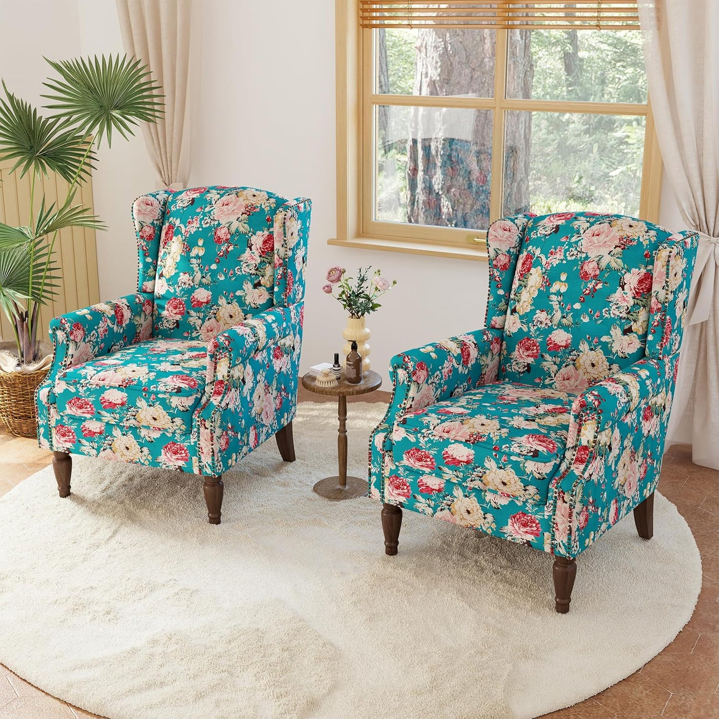 Lumibee High Back Accent Chair Set of 2, Armchair in Fabric,Comfy Upholstered Wingback Single Sofa Reading Chairs with Solid Wood Legs for Living Room,Bedroom,Office-Peacock Blue