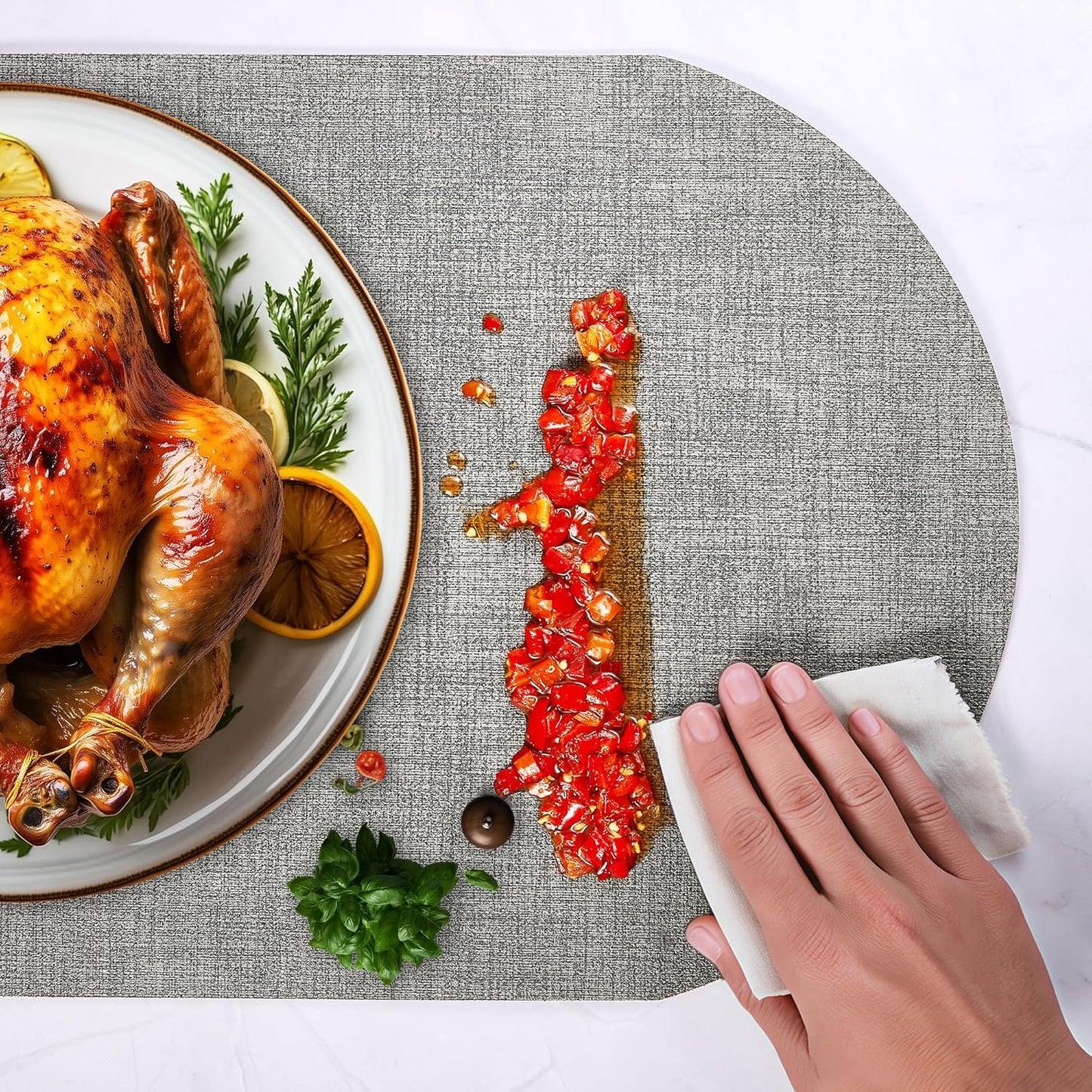 DOLOPL Oval Placemats Set of 6, Gray Faux Leather Heat Resistant Table Mats - Anti Slip Table Place Mats, Washable Wipeable Outdoor Placemats for Kitchen Dining Room Table Decorations(13.8"x21.6")