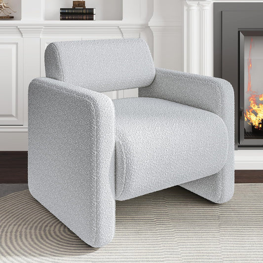 Accent Chair, Modern Boucle Fabric Armed Chair, Comfortable Single Sofa Chair for Living Room, Solid Wood Frame, Comfy Side Chair for Bedroom, Office, Reading(Grey)