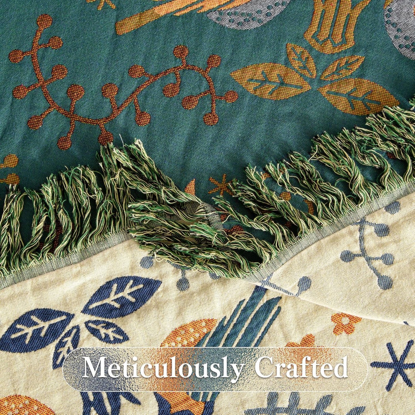 Boho Throw Blanket Twin Size, Soft Cozy Cotton Muslin Quilt Blanket for Bed Decor, Bird Patterned Couch Sofa Chair Cover, Vintage Farmhouse Cottage Tapestry Woven Blanket, Green&Beige