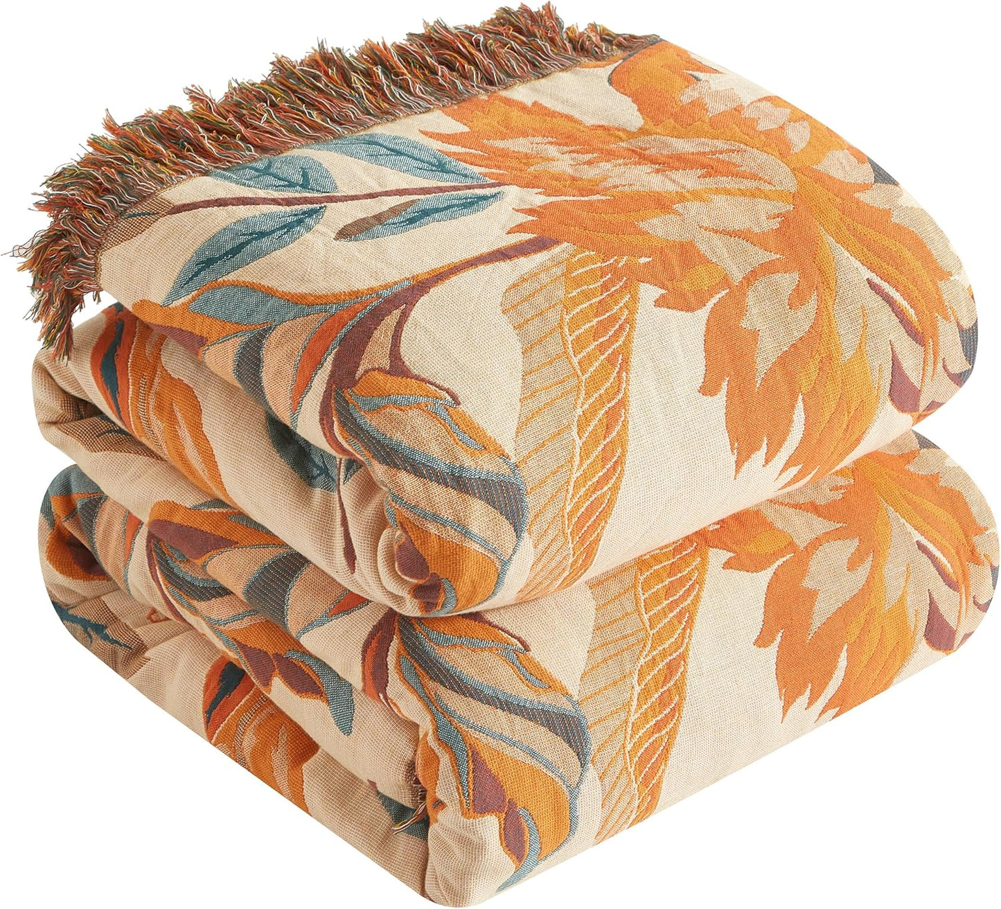 Boho Throw Blanket for Bed 60”x80”, 100% Cotton Woven Blanket for Couch Sofa, Ultra Soft 4-Layer Muslin Quilt with Floral Printed, Farmhouse Bed Blanket/Cover for Living Room Decor