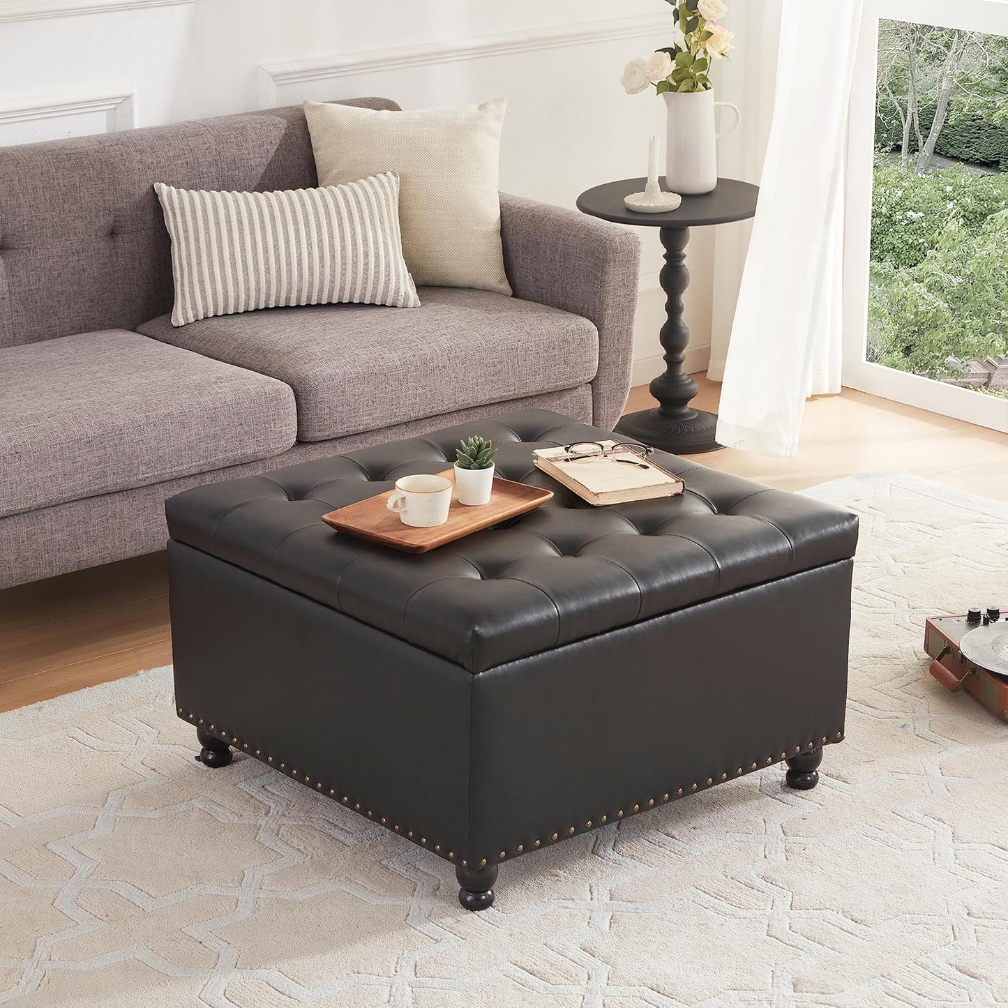 Tbfit Large Square Storage Ottoman Bench, Button Tufted Coffee Table, Oversized Storage Ottomans Toy Box Footrest for Living Room, Black