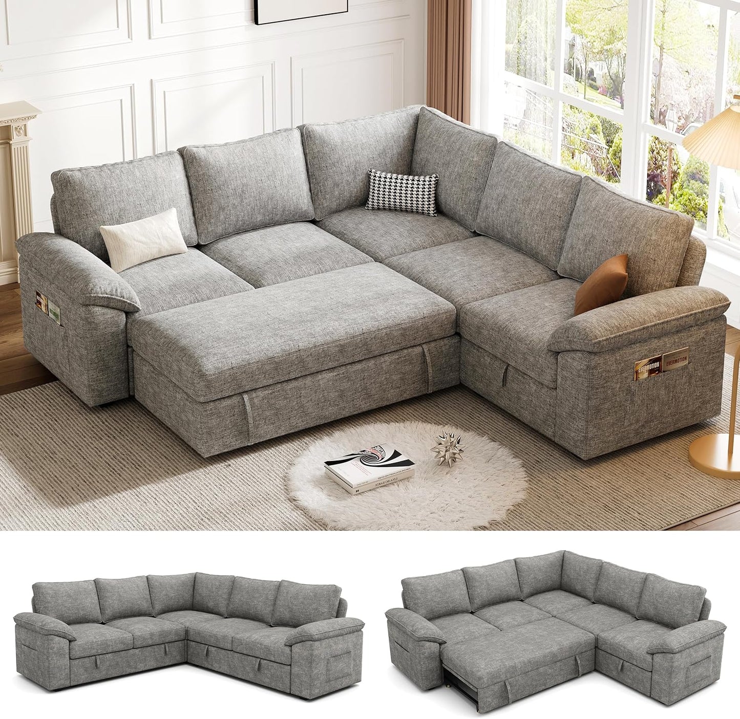 85 Inch Modular Sectional Sofa with Pull Out Bed,L Shaped 5 Seat Sectional Sleeper Sofa with Storage,Sectional Couches for Living Room,Cloud Modular Couch,Removable Sofa Cover,Light Gray
