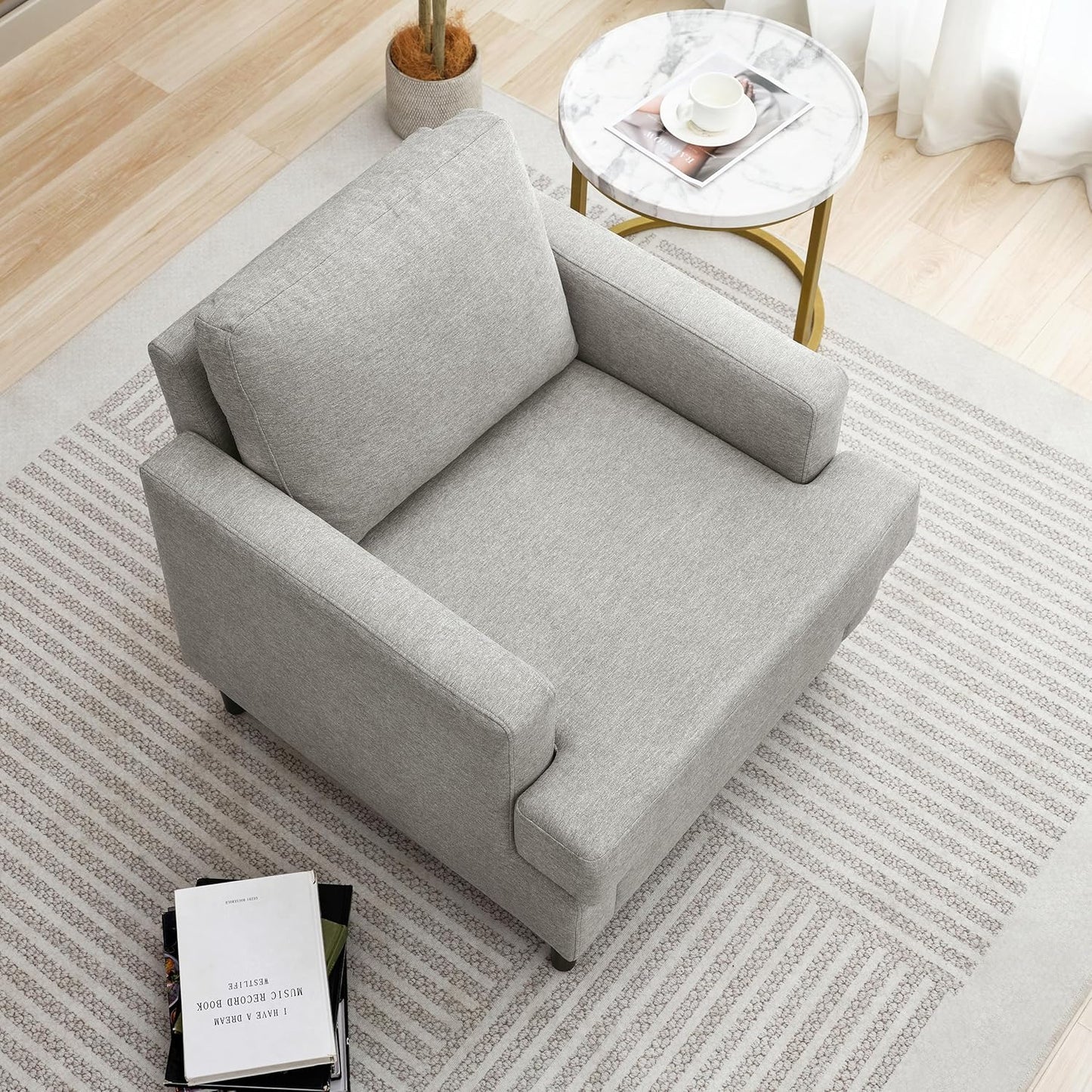 Mid-Century Accent Chair,Modern Linen Fabric Armchair for Living Room,Comfy Upholstered Reading Accent Chairs for Bedroom,Single Sofa Chair with Wood Legs (Light Grey, 1 Pack)