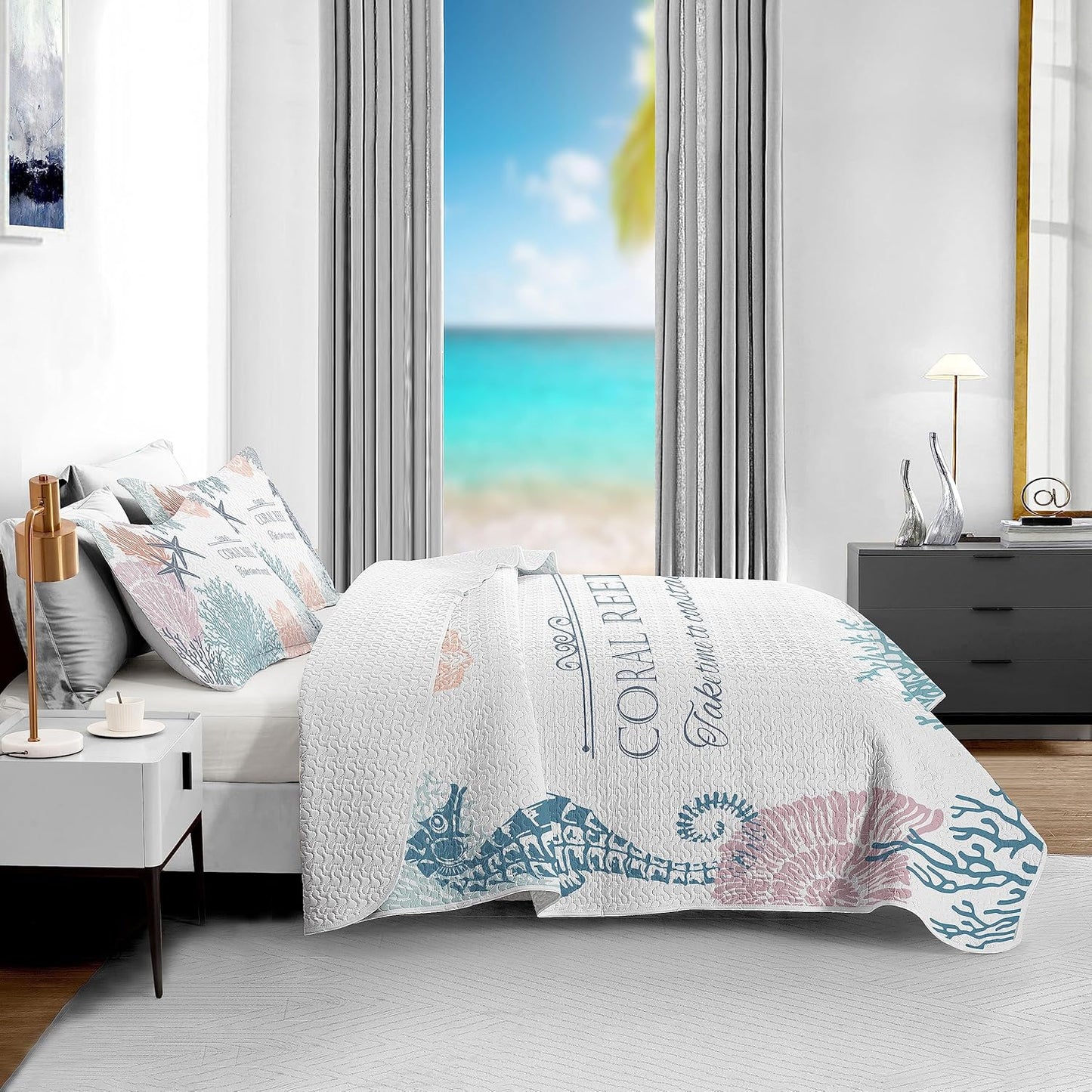 Coastal Bedding Queen Size with 2 Shams, Nautical Beach Comforter Sets Ocean Bedspreads Coastal Coverlet Summer Bedding, 90''x96''