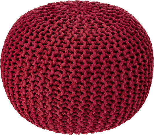 REDEARTH Round Pouf Ottoman - Hand Knitted Cable Boho Poof - Foot Stool Bean Bag - Home Décor Stuffed Footrest for Living Room - Nursery - Bedroom - 100% Cotton Poufs (19.5"x19.5"x14") - Red