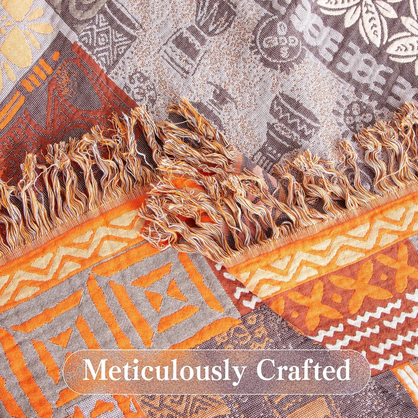 Boho Throw Blanket Full Size, Extra Large Soft Cozy Cotton Muslin Quilt Blanket for Bed Decor, Patchwork Block Couch Sofa Chair Cover, Vintage Farmhouse Cottage Woven Blanket, Red&Orange