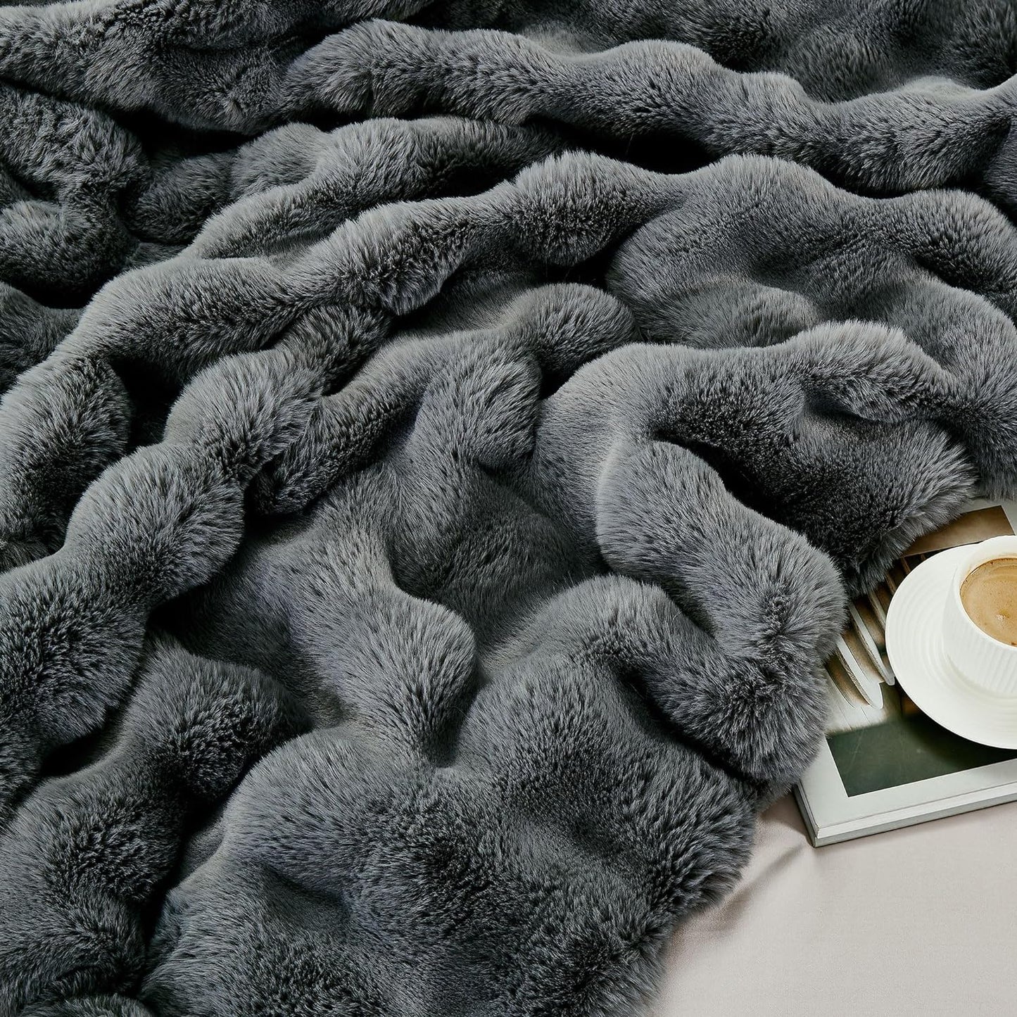 DREAMNINE Soft Fuzzy Bubble Faux Rabbit Fur Throw Blanket for Couch 50" x 60", Double Sided Long Shaggy Thick Warm Fluffy Blankets for Winter, Decorative Luxury Gray Cozy Plush Cute Furry Blanket,Grey